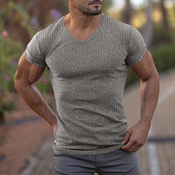 Mens Short Sleeve T-Shirts V Neck Stretchy Slim-Fit Athletic Workout Tees Tops Casual Solid Color Pullover Breathable Gym Fitness Tshirts