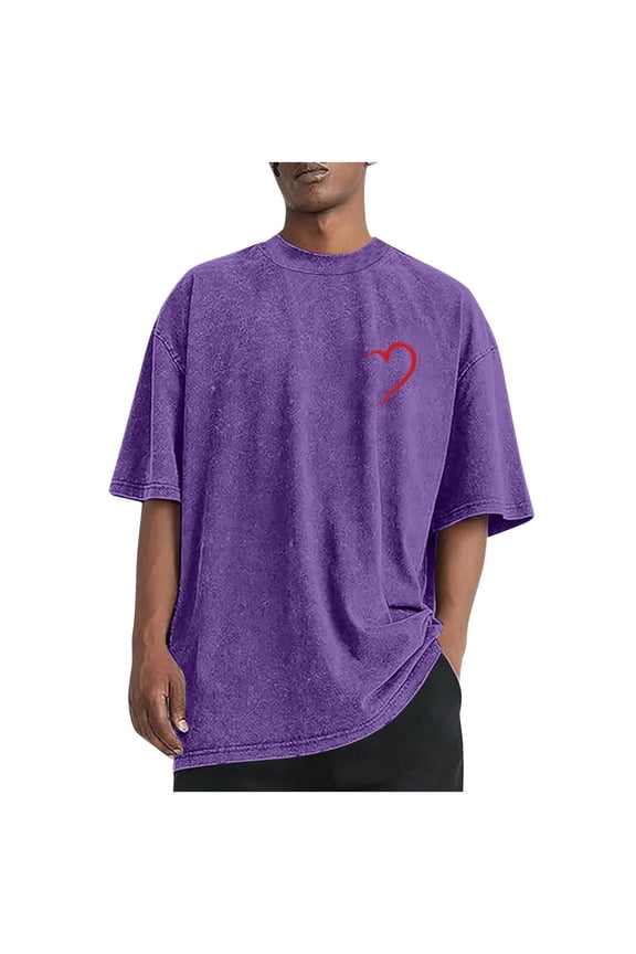 Mens Short Sleeve T-shirts Love Heart Print Valentines Day Tops Crewneck Retro Tshirts for Couples Lover Gifts (XL, Purple #A)