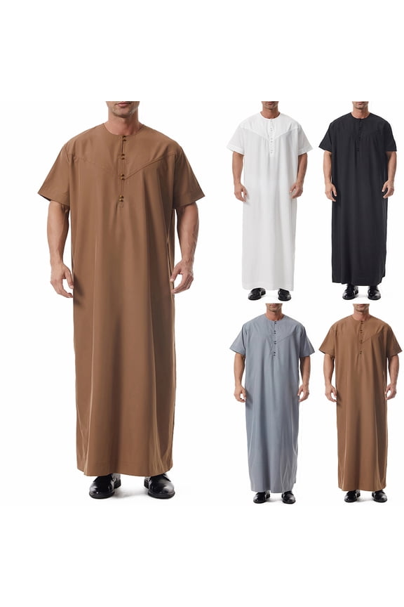 Mens Short Sleeve Tee Muslim Robe Arab Middle Robe Long Style Neck Button Pocket Long Shirt Fashion Casual Robe Coffee S