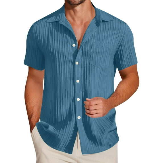 Mens Short Sleeve Tee Shirts Button Down Solid Color Textured Fashion Hawaiian Summer Tops