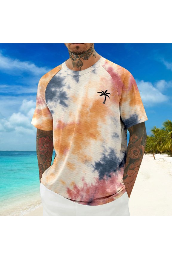 Mens Short Sleeve Tees Palm Tree Print Summer Lightweight Crewneck Casual Tops Khaki S