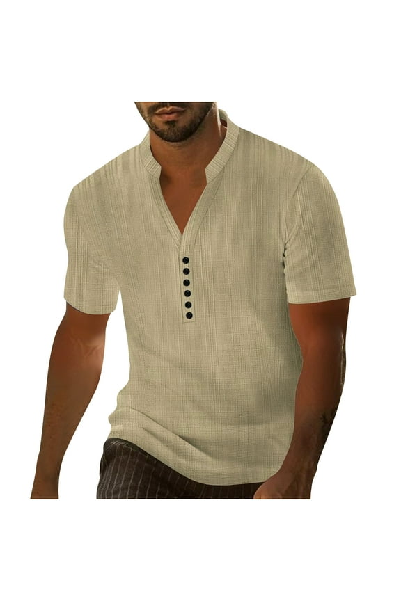Mens Short Sleeve Tops Deep V Neck Shirts with Button Summer Casual Solid Color Tee