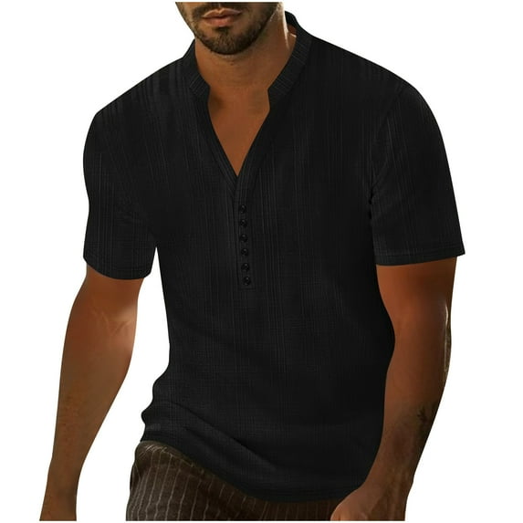 ShomPort Mens Short Sleeve Tops Deep V Neck Shirts with Button Summer Casual Solid Color Tee