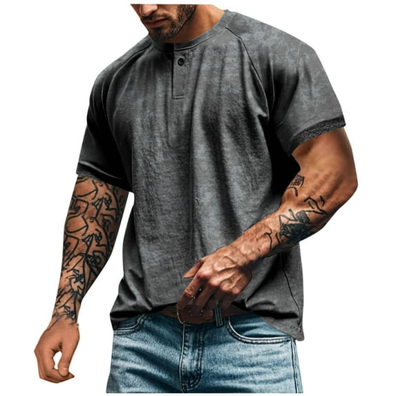 Mens Short Sleeve Tops Retro Distressed T-Shirts Casual Button Round Neck Pullover Basic Tees 2025 Fashion