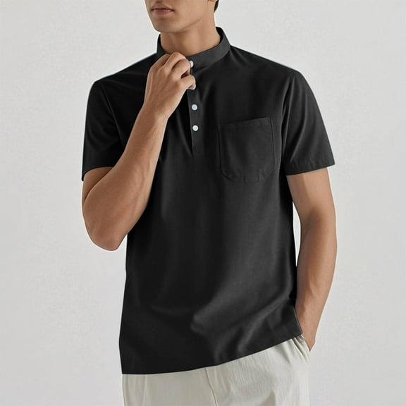 Mens Short Sleeve Tshirts Shirts with Pocket Button Stand Collared T-Shirts Pullover Solid Color Breathable Going-Out Tees Tops