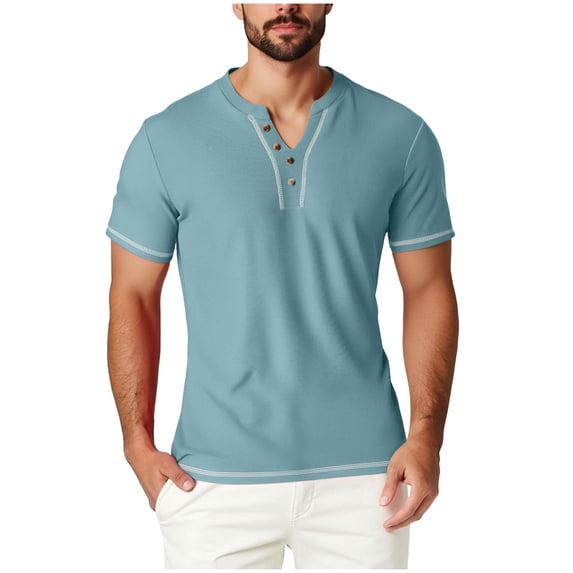 Mens Short Sleeve Waffle Henley Shirts Faux Button Muscle Fit Athletic Workout T-Shirts Casual Basic Tops for Summer Father's Day Gift for Vacation