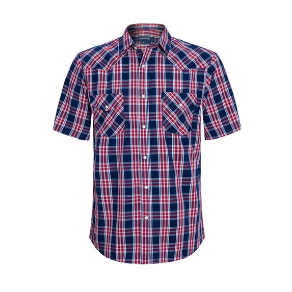 Mens Short Sleeve Western Shirts with Pearl Snap Button Up Casual Regular Fit Plaid Shirts (Navy and Red-20DA,3X-Large)