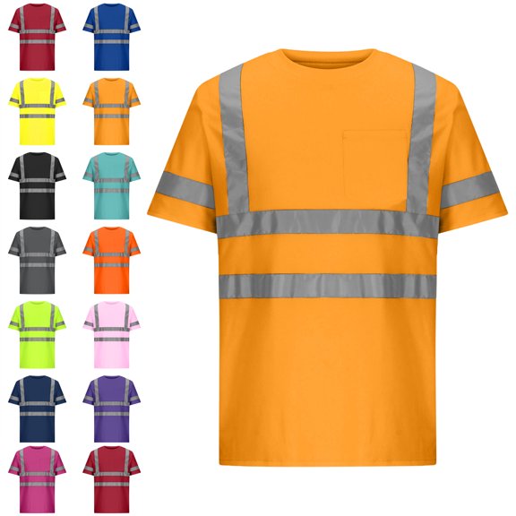 Mens Short Sleeved,Men's and Womens Round Neck Solid Color Short Sleeved Pocket Reflective Strip Breathable Casual Loose Cycling Suit Safety Clothing for Night Travel Mens Tops Unisex