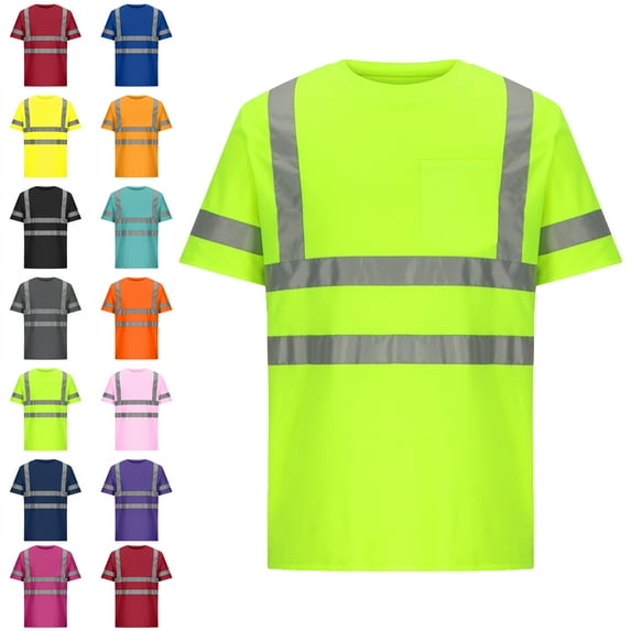 Mens Short Sleeved,Men's and Womens Round Neck Solid Color Short Sleeved Pocket Reflective Strip Breathable Casual Loose Cycling Suit Safety Clothing for Night Travel Mens Tops Unisex