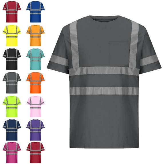 Mens Short Sleeved,Men's and Womens Round Neck Solid Color Short Sleeved Pocket Reflective Strip Breathable Casual Loose Cycling Suit Safety Clothing for Night Travel Mens Tops Unisex