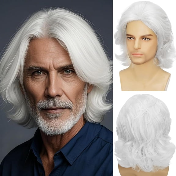 Mens Short White Curly Wig Layered Natural Wavy Heat Resistant Synthetic Hair Wigs Male Guy Daily Party Halloween Costume Cosplay Wigs