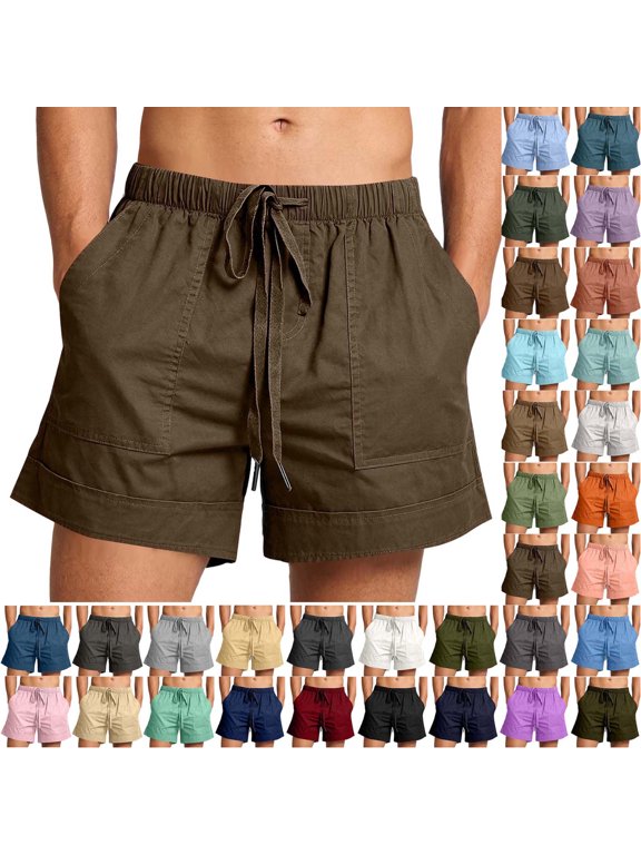 Mens Shorts Under $10 Cotton Linen Casual Shorts Color Solid Mens Shorts with Pockets Pull Rope Mens Shorts Elastic Waist Beach Shorts for Men Coffee ,S