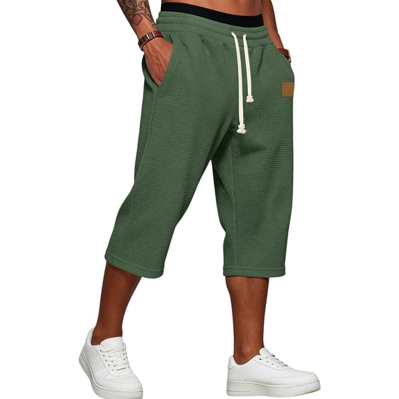 Mens Shorts 3/4 Length Golf Waffle Long Shorts Below The Knee Lightweight Sweat Capri Pants with Pockets Dark Green 3XL