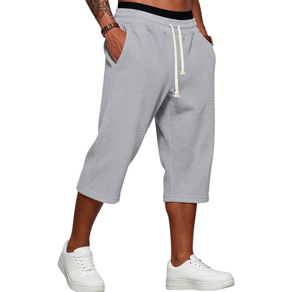Mens Shorts 3/4 Length Golf Waffle Long Shorts Below The Knee Lightweight Sweat Capri Pants with Pockets Gray XL