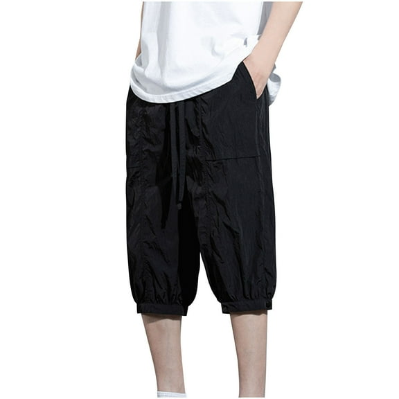 Mens Shorts Athletic Elastic Waist Drawstring Pocket Solid Color Casual Shorts Black XXXL