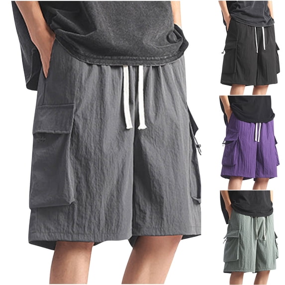 Mens Shorts Athletic Men's Summer Casual Solid Color Portable Fashion Pockets Drawstring Elastic Waist And Comfortable Shorts Cargo Pant Black L