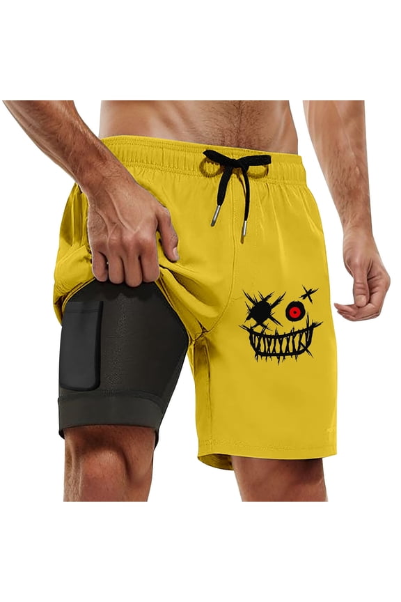 Mens Shorts Athletic Swim Trunks Compresssion Liner Board Shorts Bathing Suit with Pockets Yellow XXL