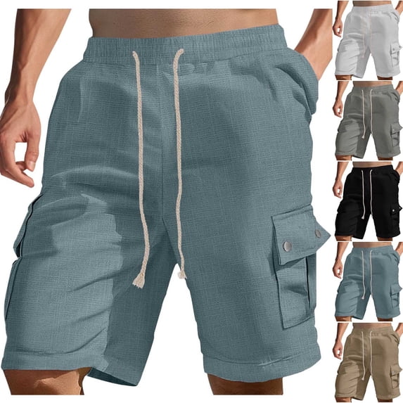 lcziwo Mens Shorts Athletic with Pockets Linen Classic Fit Holiday Drawstring Trunks Hiking Fishing Wide Leg Work Shorts Black L