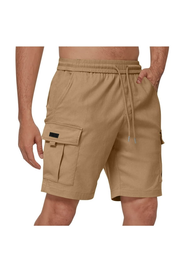 Mens Shorts Cargo Casual Elastic waist Solid Knee Length Cargo With Pocket Straight Short Pants Khaki,S