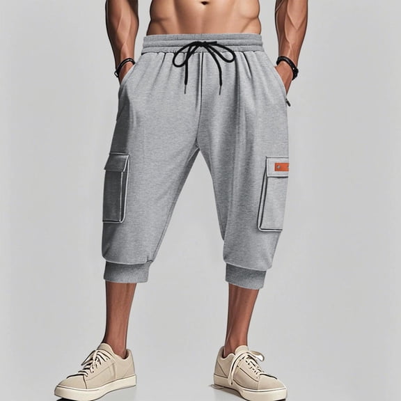 Mens Shorts Cargo Clearance Mid-waist Drawstring Pocket Solid Color Bunched Feet Outdoor Medium Trousers Shorts Gray XXXL