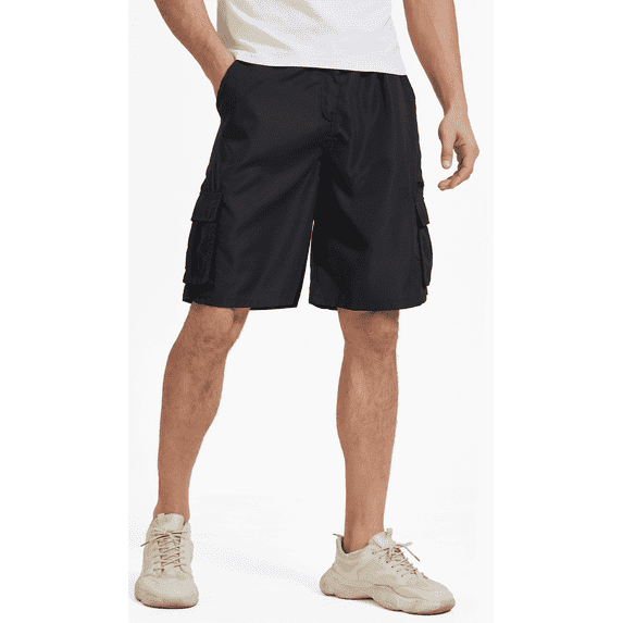 Puztloy Men's Cargo Shorts Work Gym Medium Elastic Waist Drawstring with Zippered Pockets Relaxed Fit Outdoor Casual Pant , Black