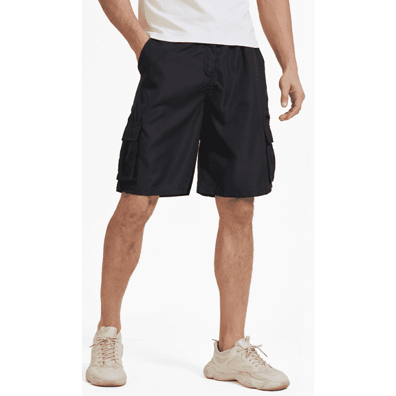 Puztloy Men's Cargo Shorts Work Gym Medium Elastic Waist Drawstring with Zippered Pockets Relaxed Fit Outdoor Casual Pant , Black