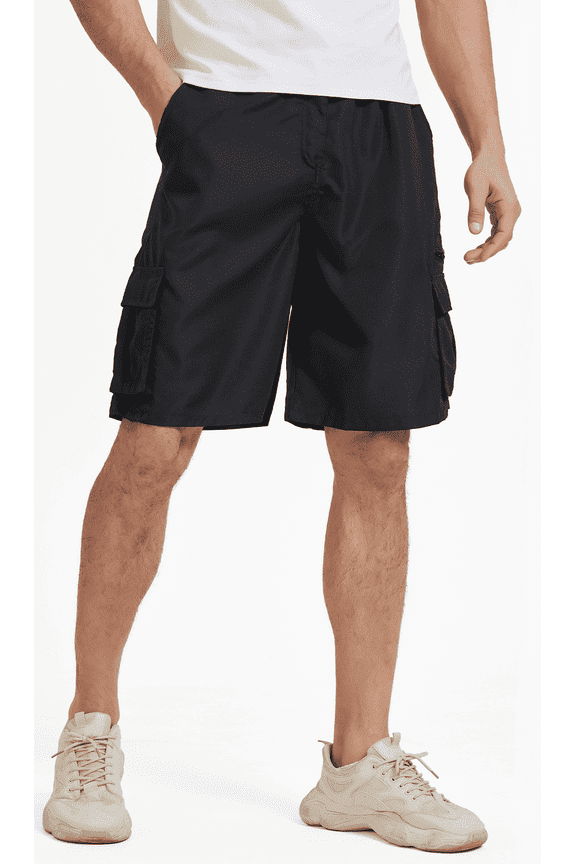 Men's Cargo Shorts Work Gym Medium Elastic Waist Drawstring with Zippered Pockets Relaxed Fit Outdoor Casual Pant , Black