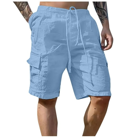 Mens Shorts Casual Linen Solid Color Drawstring Travel Golf Camping Shorts Summer Beach Cargo Shorts With Multi Pockets,Blue,S
