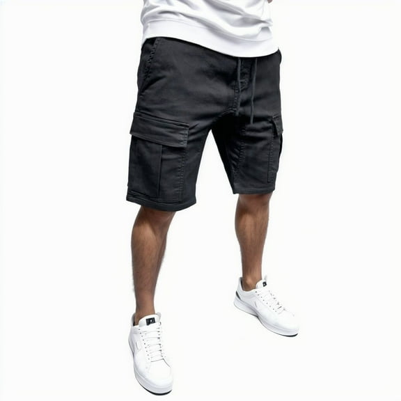 Mens Shorts Casual Solid Trousers Cargo Pocket Slim Drawstring Summer Short Pants for Men Black