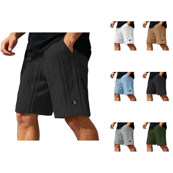 Mens Shorts Casual Summer Elastic Waist Textured Straight Leg Loose Fit Lightweight Lounge Shorts with Pockets