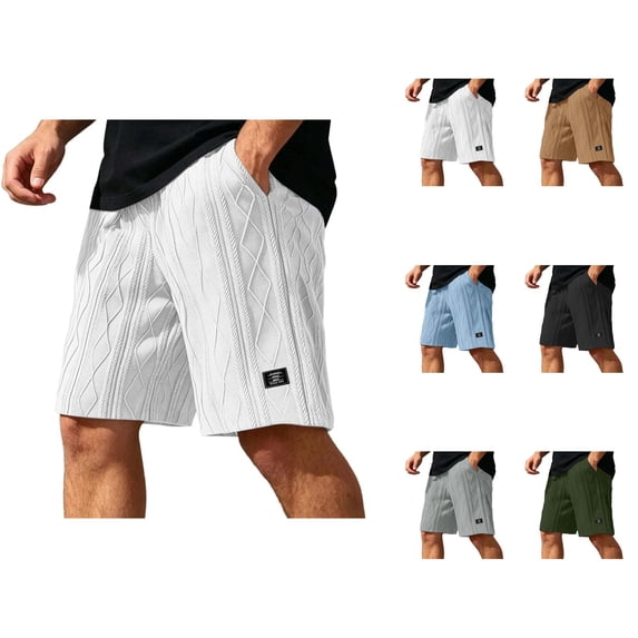Mens Shorts Casual Summer Elastic Waist Textured Straight Leg Loose Fit Lightweight Lounge Shorts with Pockets
