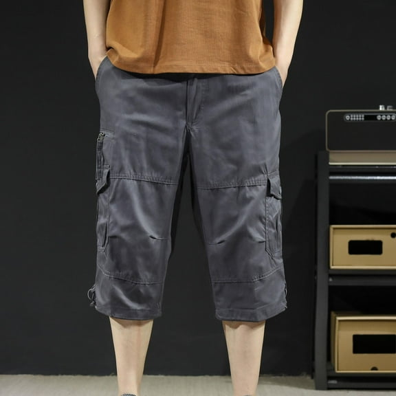 Mens Shorts Belted Multi-Pocket Cotton Button-Front Zipper Outdoor Shorts Cargo 3/4 Length Shorts Gray XXXXXL