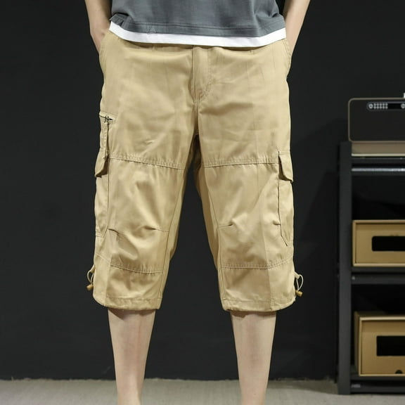Mens Shorts Belted Multi-Pocket Cotton Button-Front Zipper Outdoor Shorts Cargo 3/4 Length Shorts Khaki XXXXXL