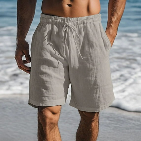 Mens Shorts Casual Cotton-Linen Drawstring Elastic Waist Solid Color Pocket Shorts Gray XXXL