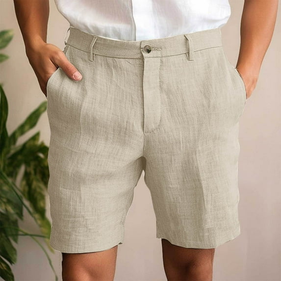 Mens Shorts Casual Cotton Linen Solid Color Button-Front Zipper Pocket Bermuda Shorts Khaki L
