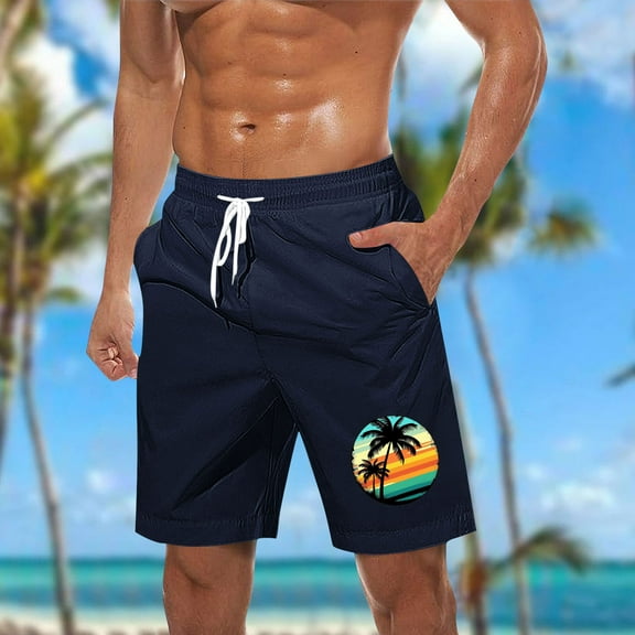 Mens Shorts Clearance Casual Hawaiian Print Elastic Waist Drawstring Beach Shorts Dark Blue XXXXXL