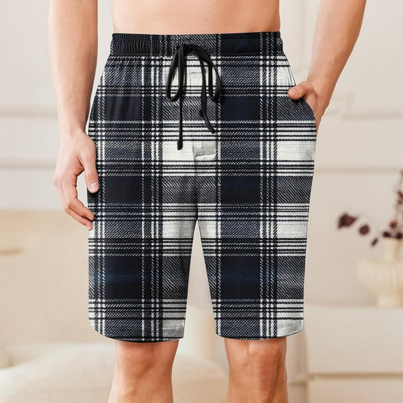 Mens Shorts Drawstring Elastic Waist Plaid Pocket Sleep Shorts Casual Lounge Bermuda Shorts Black L