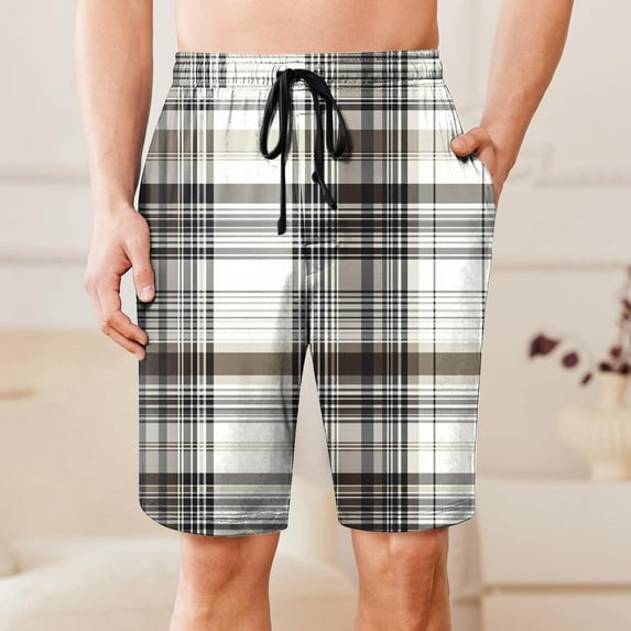 Mens Shorts Drawstring Elastic Waist Plaid Pocket Sleep Shorts Casual Lounge Bermuda Shorts Khaki XL