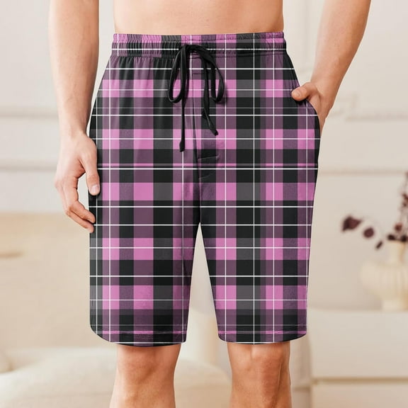 Mens Shorts Drawstring Elastic Waist Plaid Pocket Sleep Shorts Casual Lounge Bermuda Shorts Purple XL