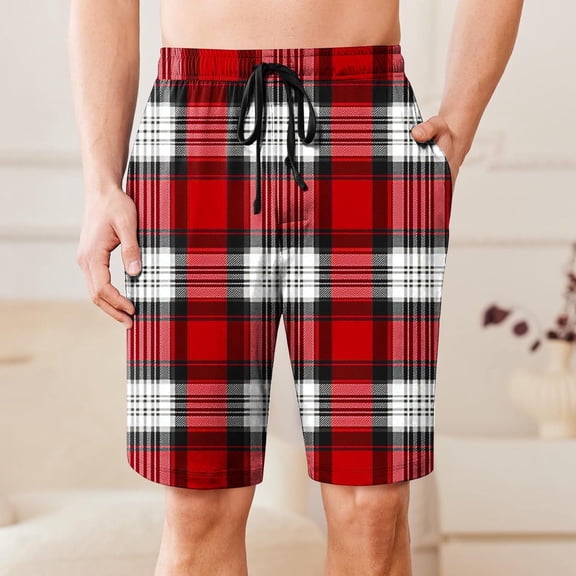 Mens Shorts Drawstring Elastic Waist Plaid Pocket Sleep Shorts Casual Lounge Bermuda Shorts Red XL