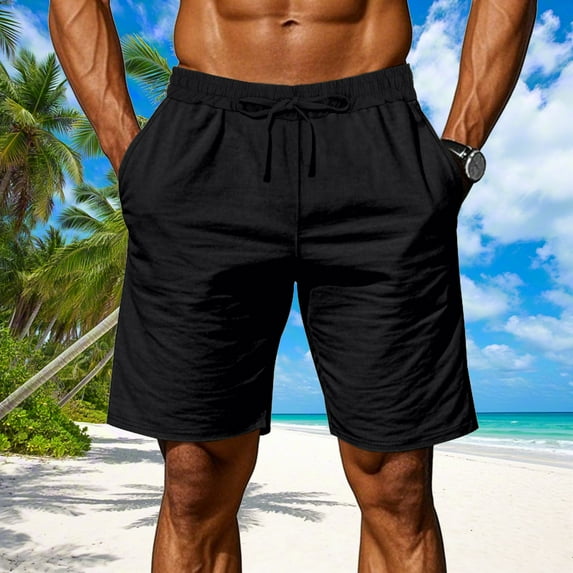 Mens Shorts Elastic Waist Drawstring Solid Color Casual Loose Beach Shorts with Pockets Hiking Short