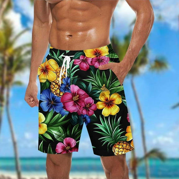 Mens Shorts Hawaiian Floral Print Elastic Waist Pockets Casual Beach Drawstring Shorts Multicolor XXXXXL