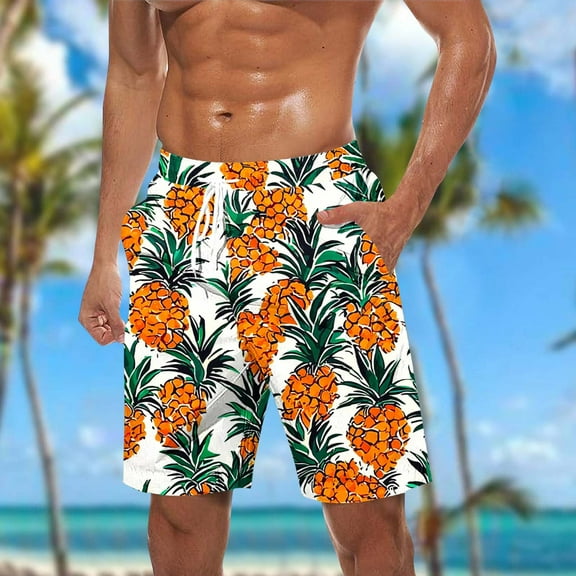 Mens Shorts Hawaiian Pineapple Print Pockets Elastic Waist Casual Drawstring Beach Shorts White XXXXXL