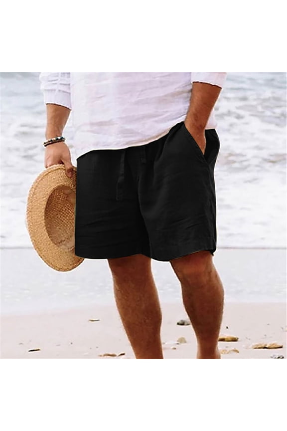 Mens Shorts Men Casual Linen Shorts Solid Pocket Elastic Waist Straight Half Pants Summer Sports Cotton Shorts Pants