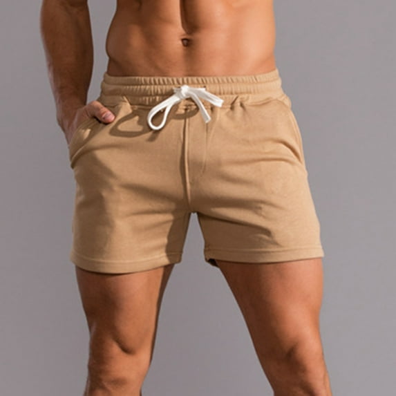Mens Shorts,Mens Elastic Mid-Waist Lace-Up Solid Cotton Three-Point Sports Shorts