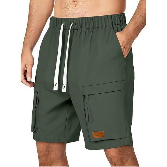 Mens Shorts Solid Color Training Elastic Waist Cargo Pocket Bermuda Shorts Army Green XL