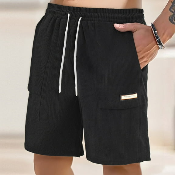 Mens Shorts Solid Color Training Elastic Waist Pocket Bermuda Shorts Black XL