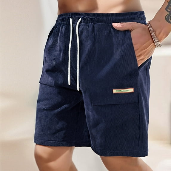 Mens Shorts Solid Color Training Elastic Waist Pocket Bermuda Shorts Navy L