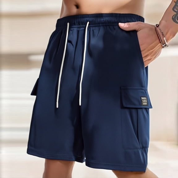Mens Shorts Solid Color Training Elastic Waist Pocket Bermuda Shorts Navy L