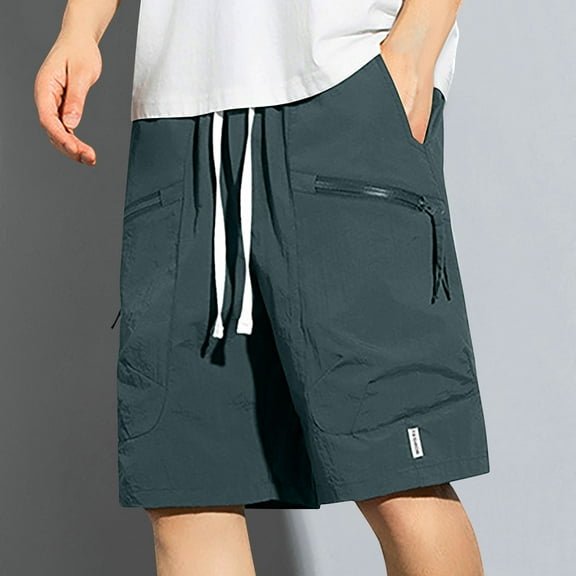 Mens Shorts Solid Color Training Elastic Waist Zipper Pocket Bermuda Shorts Green L